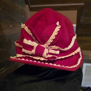 Vintage Red Hat with Ivory Lace Detail & Bow